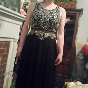 Black satin prom dress w silver/gold beaded top